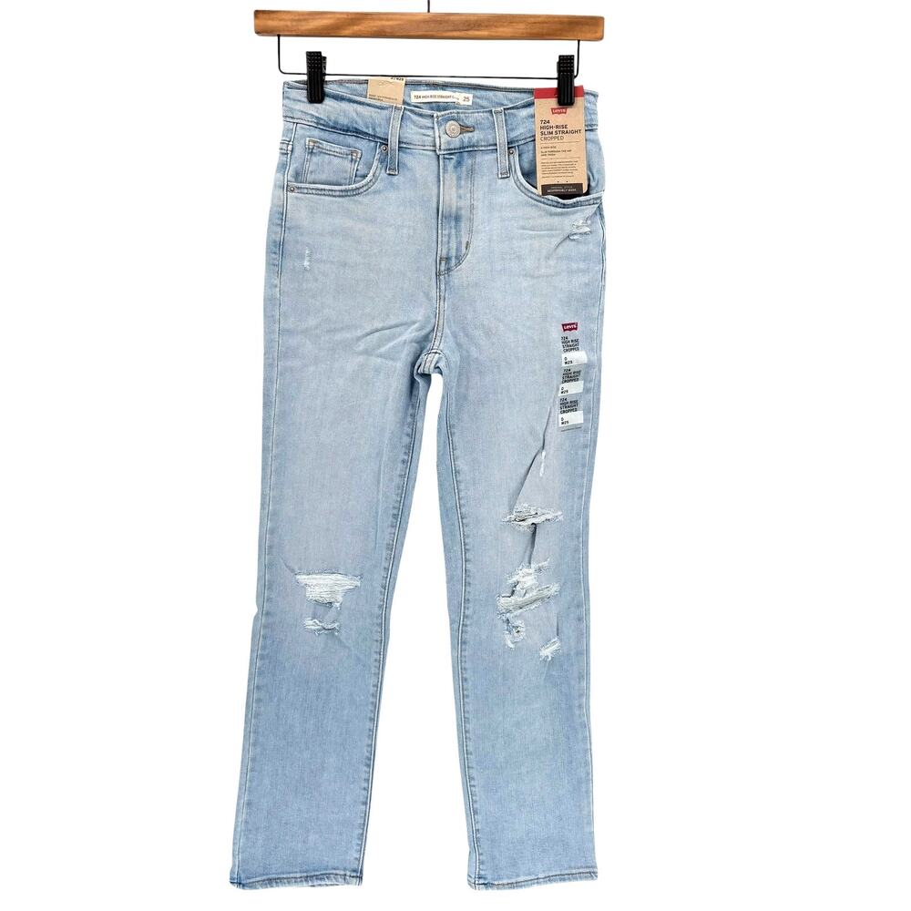 Nw Levi's 724 High Rise Slim Straight Jeans Womens 25 Cropped Distressed Stretch